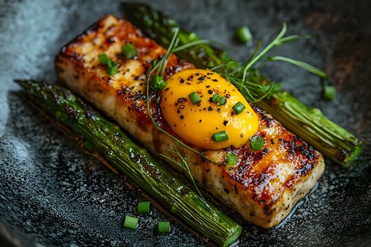 Grilled salmon fillet with egg yolk, asparagus and microgreens on black plate. Gourmet seafood dish with caramelized glaze and fresh herbs garnish. - Powered by Adobe