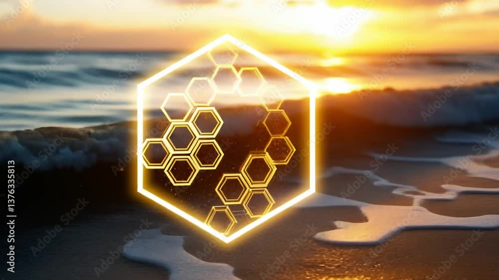 Poster abstract representation of scientific innovation with glowing hexagons and ocean waves during sunset