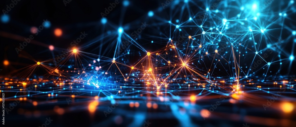 Aufkleber abstract image of a complex network with interconnected nodes glowing in vibrant blue and orange lig