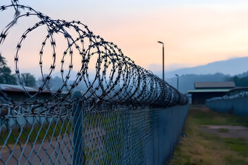 Barbed wire protecting a perimeter in the evening light