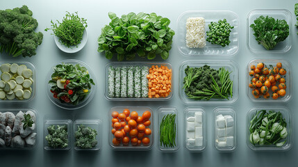 Organized meal prep containers with fresh vegetables vibrant colors and a clean aesthetic