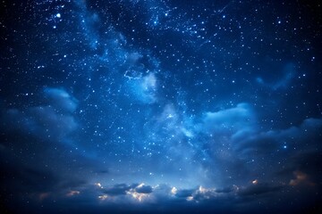 Obraz premium Starry Night Sky with Bright Stars and Glowing Clouds in Deep Blue Atmosphere, Stunning Cosmic Landscape Ideal for Astronomy and Dreamy Night Backgrounds
