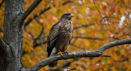 Brown Hawk Autumn Tree Perch.