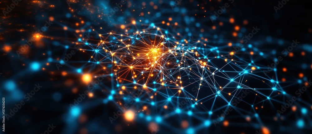 Poster abstract digital rende of a complex network with interconnected glowing nodes in blue and orange hue