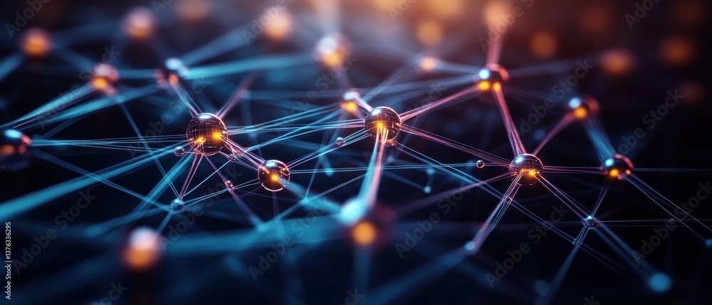Poster abstract rende of a complex network of interconnected nodes glowing with blue and orange hues set ag