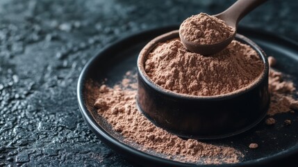 Scoop of Chocolate Protein Powder Resting on Black