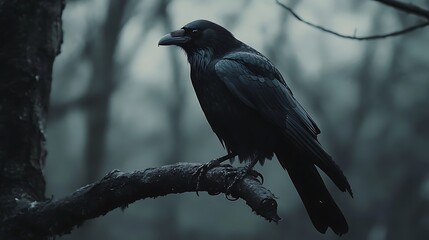 Crow in ethereal forest mist perched on branch high resolution picture