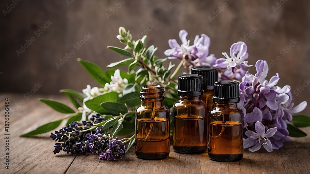 Poster bottles of essential oil among fresh lavender and flowers in a rustic setting creating a calming atm