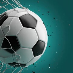 Fototapeta premium A soccer ball in a net with confetti on a turquoise background in a close up shot of the ball