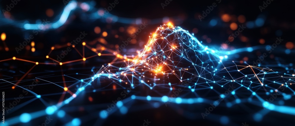 Poster abstract digital landscape of interconnected nodes creating a glowing, undulating terrain with peaks