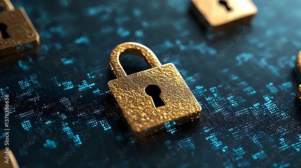 Poster golden padlock on digital binary code background with dramatic lighting and shallow depth of field, 