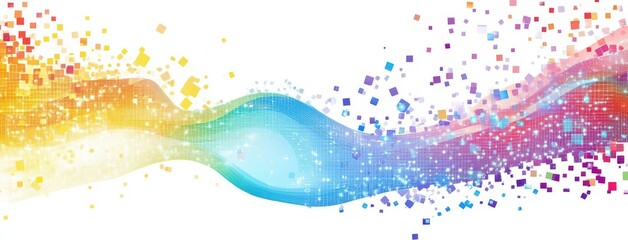 Colorful background featuring dynamic waves and pixel elements on a white backdrop, ideal for text or design integration.