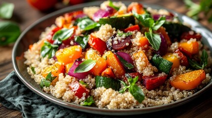 A colorful plate of quinoa salad with vegetables and herbs