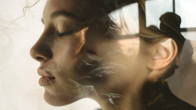 Double exposure of a woman&rsquo;s profile with a couple kissing.