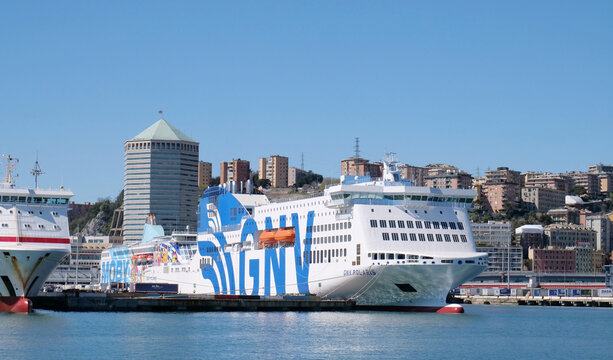 Genoa, Italy - march 2025: the ferry Gnv Polaris, ship equipped with cold ironing system, ship built in China, moored in the port.. 