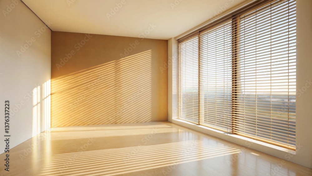 Aufkleber sunlit empty room with wooden blinds casting shadows on walls and floor