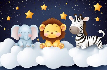 Naklejka premium A whimsical cartoon scene with three cute cartoon animals (an elephant, a lion, and a zebra) sitting on white clouds, set against a deep blue night sky dotted with golden stars