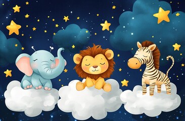 A whimsical cartoon scene with three cute cartoon animals (an elephant, a lion, and a zebra) sitting on white clouds, set against a deep blue night sky dotted with golden stars