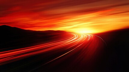 A long exposure shot of a highway at sunset, featuring a vibrant red and orange sky, motion blur of cars, and distant hills, symbolizing speed and travel. High resolution.