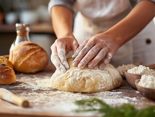 Hands Kneading Artisan Bread Dough: A Rustic Kitchen Scene in Baking Process