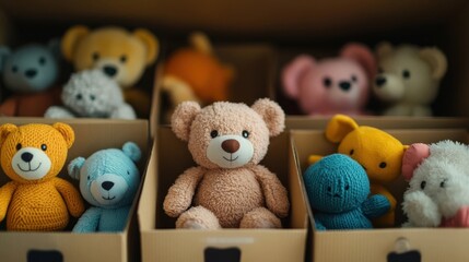 Toys and teddy bears in cardboard boxes prepared for donation to a children charity, promoting kindness and community support.