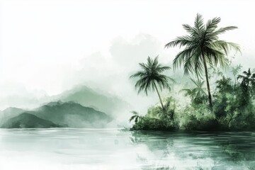 Watercolor island with river and palms illustration.