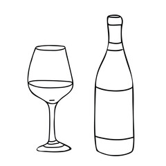 Red Wine Bottle and Glass. Hand drawn Sketch Vector illustration, black and white art. Alcohol Beverage Glassware in Doodle style. For Bar menu, logo, cards or poster design.
