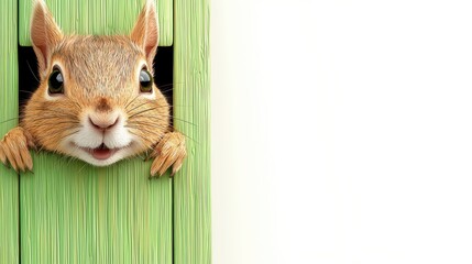 Obraz premium Playful Brown Squirrel Peeking from Green Wooden Structure