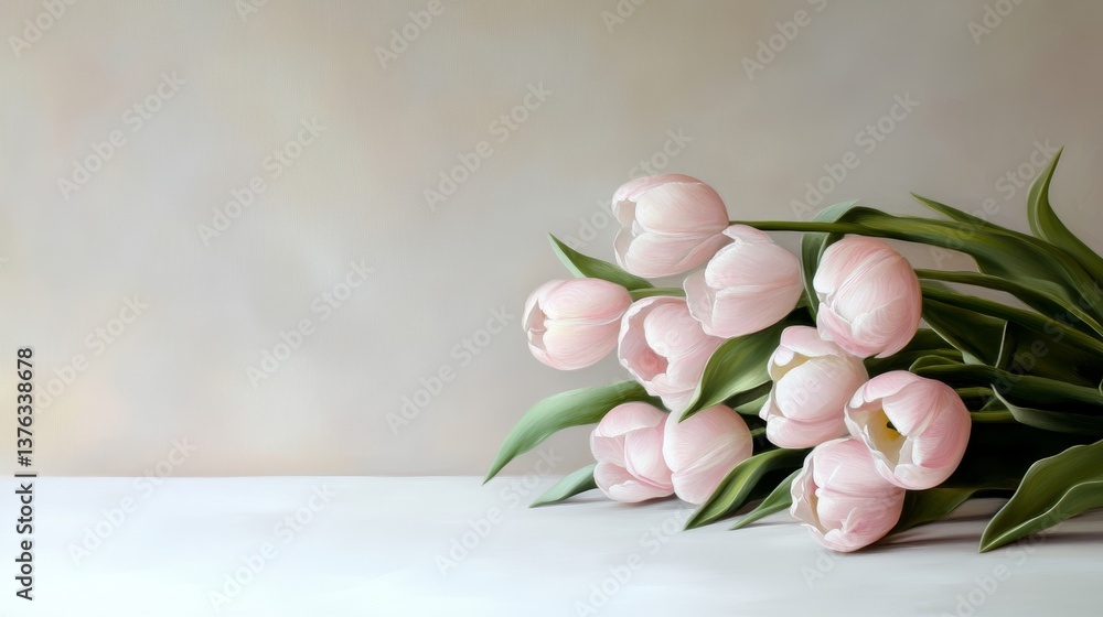 Aufkleber pink tulips arranged elegantly on a soft surface with a blurred background creating a serene atmosph