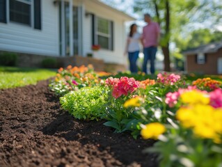 Couples Gardening: Enjoy a Serene Spring Day with Colorful Blooming Flowers in Your Vibrant Backyard Garden and Enhance Your Home's Landscape and Lifestyle