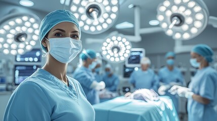 Portrait of a Confident Female Surgeon in Operating Room with Medical Team