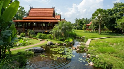 Fototapeta premium A traditional Cambodian house set among green rice fields with a gentle stream.