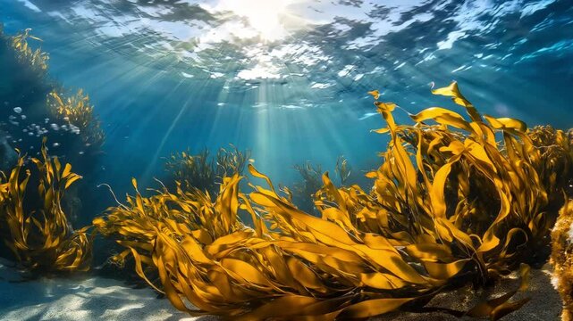 Diving into a vibrant underwater world filled with swaying kelp illuminated by sunlight during midday