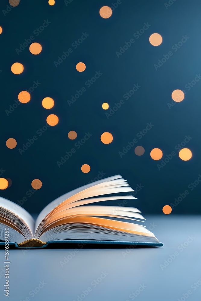 Poster open book with fanned pages against dark background with glowing golden bokeh lights creating magica