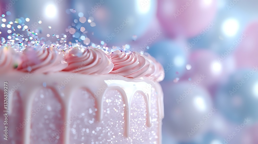 Aufkleber pink frosted layer cake with dripping glaze against blurred bokeh background in soft pastel colors. 