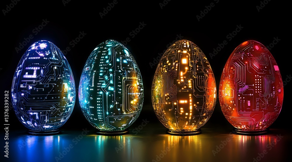 Poster glowing digital easter eggs with circuit board patterns in blue, turquoise, gold and red colors arra