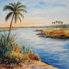 Obraz premium Watercolor island with river and palms illustration.