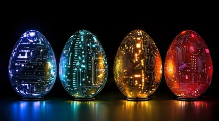 Glowing digital Easter eggs with circuit board patterns in blue, turquoise, gold and red colors arranged in row on reflective dark surface. Modern tech concept.