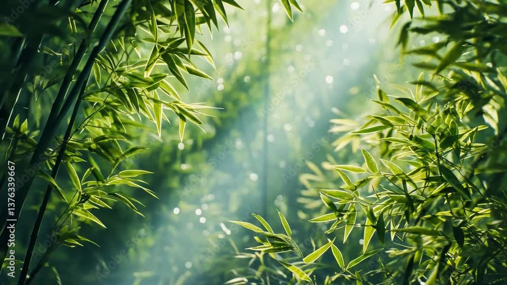 Poster lush bamboo forest with soft green leaves and gentle light filtering through, creating a tranquil an