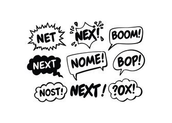 Set of Black and White Comic Speech Bubbles with Various Phrases