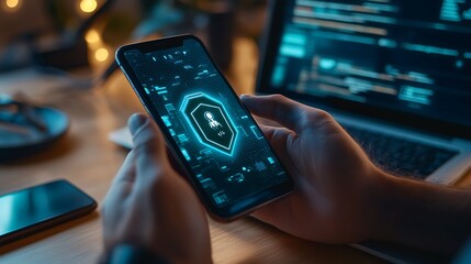 Man Hands Hold Smartphone with Glowing Cyber Security Shield Icon Overlay