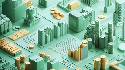 Digital economy concept with stacked coins and futuristic building structures high resolution picture