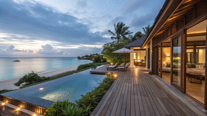 a luxurious beachfront villa wooden deck