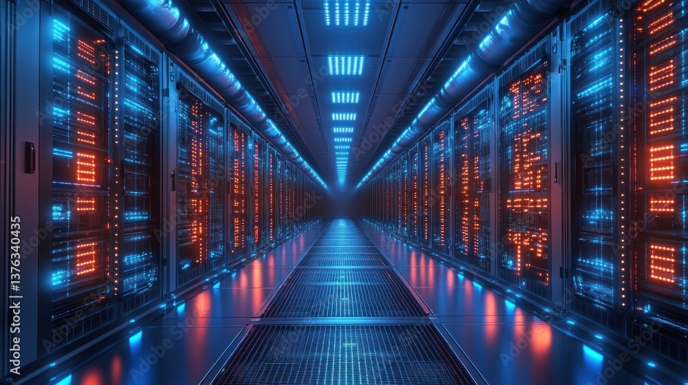 Poster a vast server farm displays countless rows of illuminated servers, creating a humming atmosphere in 