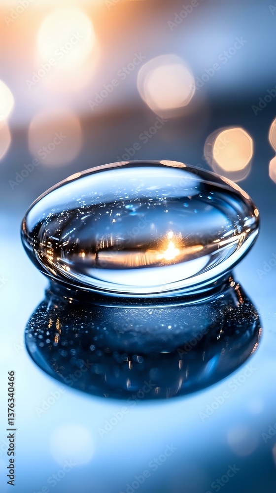 Poster clear water drop with golden light reflection on blue surface creates magical macro photography effe