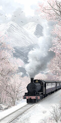 Steam Train Journey Through Snowy Mountains and Cherry Blossoms