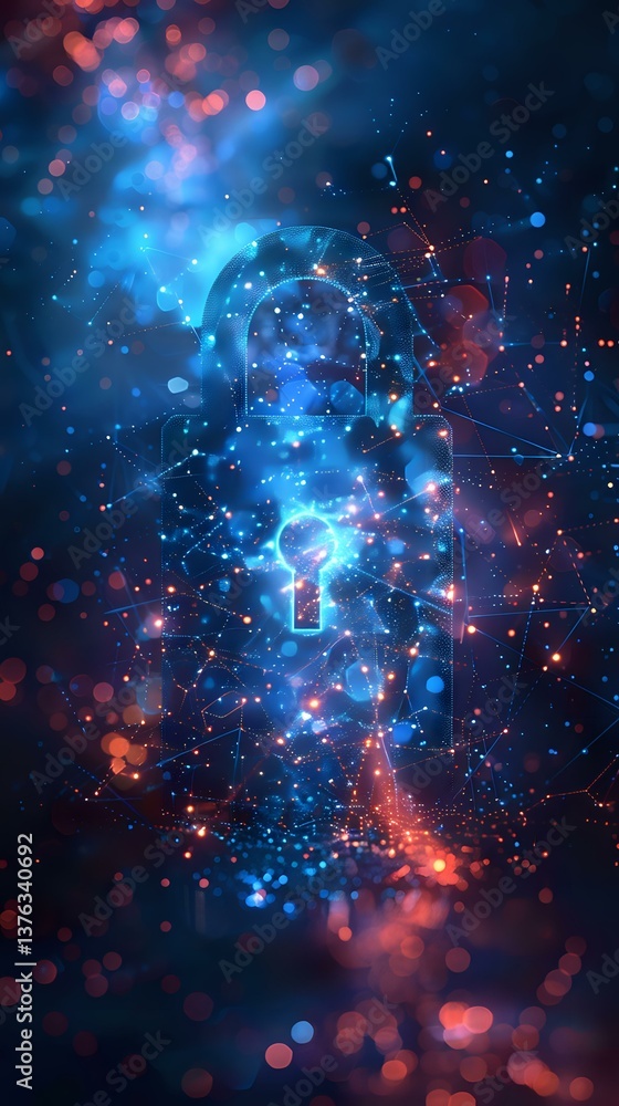 Poster glowing padlock silhouette with network connections on dark background featuring blue and orange bok