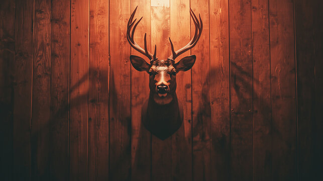 deer head trophy mounted on wooden wall, perfect for rustic interior design, hunting lodge decoration, and wildlife-themed branding	
