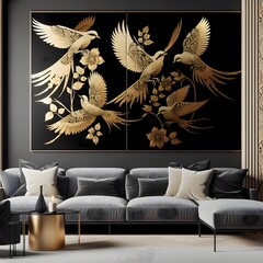 A high-contrast design featuring golden birds on a black canvas or wall. This dramatic art piece brings a sense of bold luxury and elegance, creating a focal point in the living room