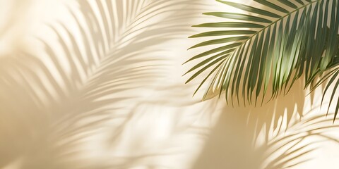 Green Palm Leaf Shadow on Soft Yellow Wall Creating Nature Background